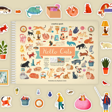 CUPKIN Hello Cats Sticker Book - 500+ Stickers, Coloring Pages, Small, Paper, Kids Activity for Ages 2-8