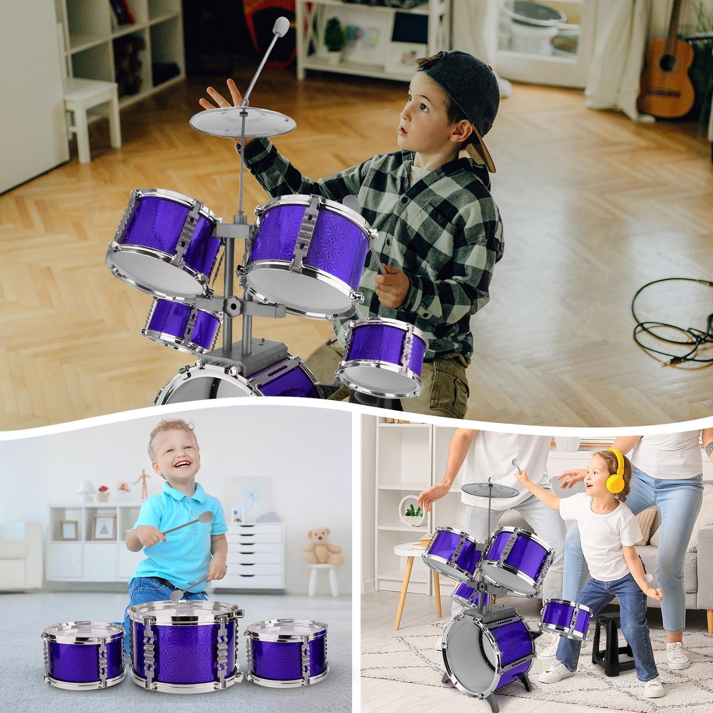 Kids Jazz Drum Set Rock Kit Toys For 3-7 Year Olds - 5 Piece Toddler Band Musical Instrument Educational Percussion Birthday Pla