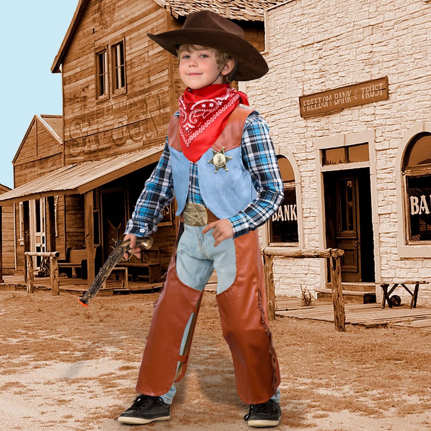 Toylink Kids Cowboy Costume For Boys Halloween Dress Up Leather Western Outfit With Accessories For Role Play Party