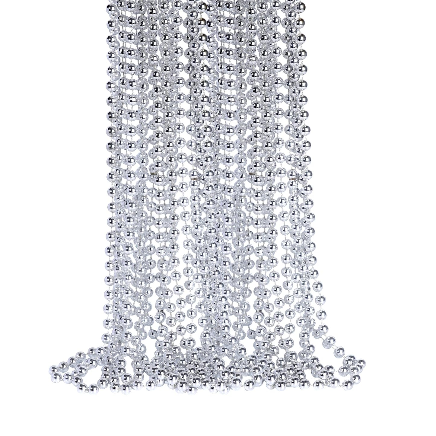YAXINRUI 33 Inch 7 mm Metallic Sliver Bead Necklaces, 15pcs Mardi Gras Beads Bulk Round Beaded Necklaces Costume Necklace for Ma
