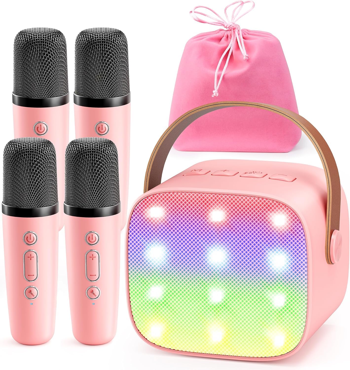 Yll Mini Karaoke Machine For Kids Adults: Portable Loud Speaker With 4 Wireless Microphones -Popular Easter Birthday Party Gifts For Girls Boys 3, 4, 5, 6, 7, 8, 9, 10+ Year Old Toys (Pink-4 Mics)