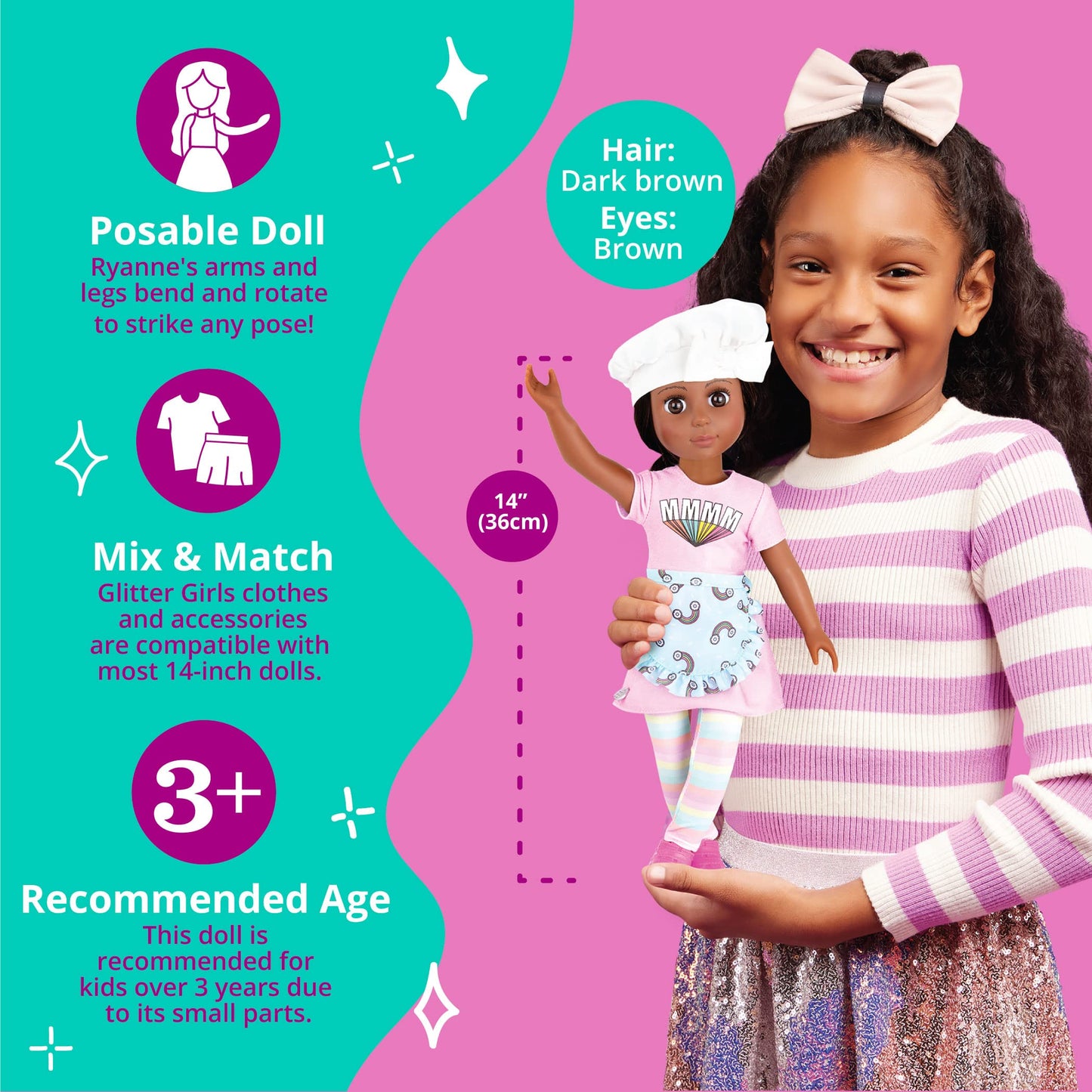 Glitter Girls – 14-Inch Posable Doll – Black Hair & Deep Brown Eyes – Rainbow Outfit & Glitter Shoes – Baker’S Hat & Apron – 3 Years + – Ryanne