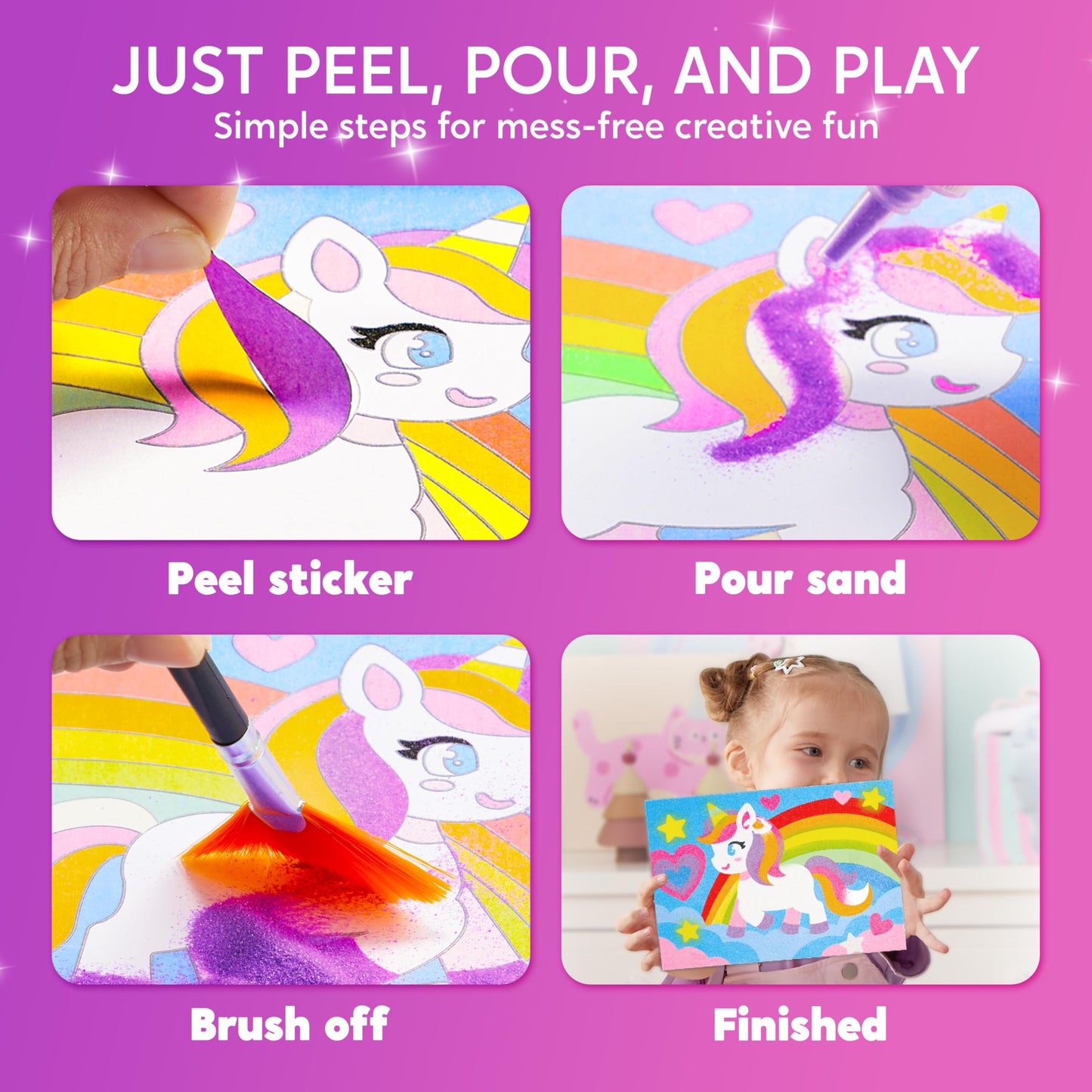 Klever Kits Glow Sand Art Kits for Kids, Glow in The Dark Sand Painting with 14 Colors, Kids Crafts, 6 Fantasy Templates & 4 DIY