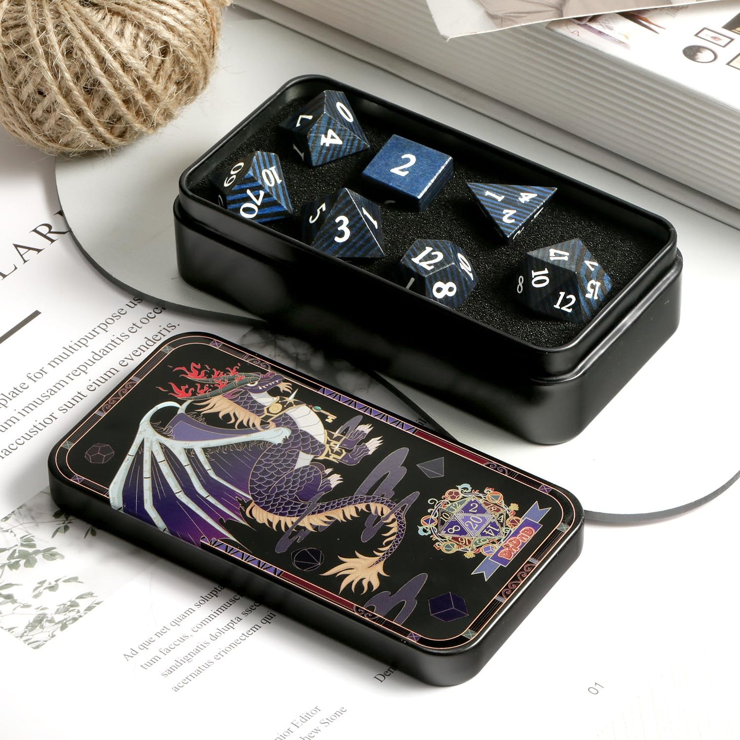 DND Dice Wood,DNDND Technical Wooden DND Die Set with Gift Case for Dungeons and Dragon Tabletop Games (Black and Blue Strips)