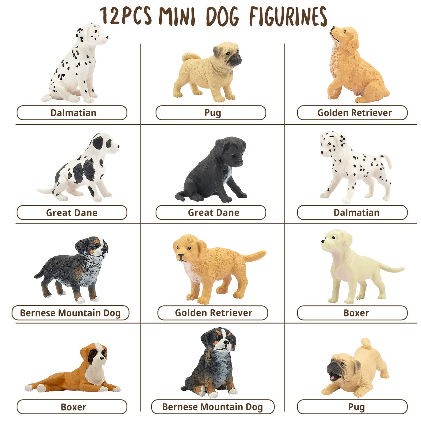 Toymany Mini Dog Figurines Playset - 12 pcs Hand Painted Plastic Puppy Figures, Realistic Dog Toys, Perfect for Cake Toppers & Gifts