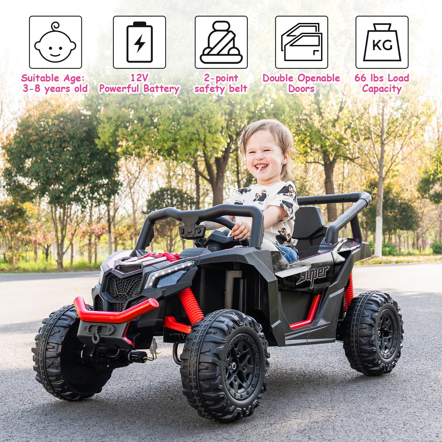 Run Fast 12v Ride on Car with Parent Remote Control Electric Ride on Toys Car for Kids 3-5 2WD 25W Motors 4 Spring Suspension Safety Belt Horn Music and LED Lights(Black 12V)