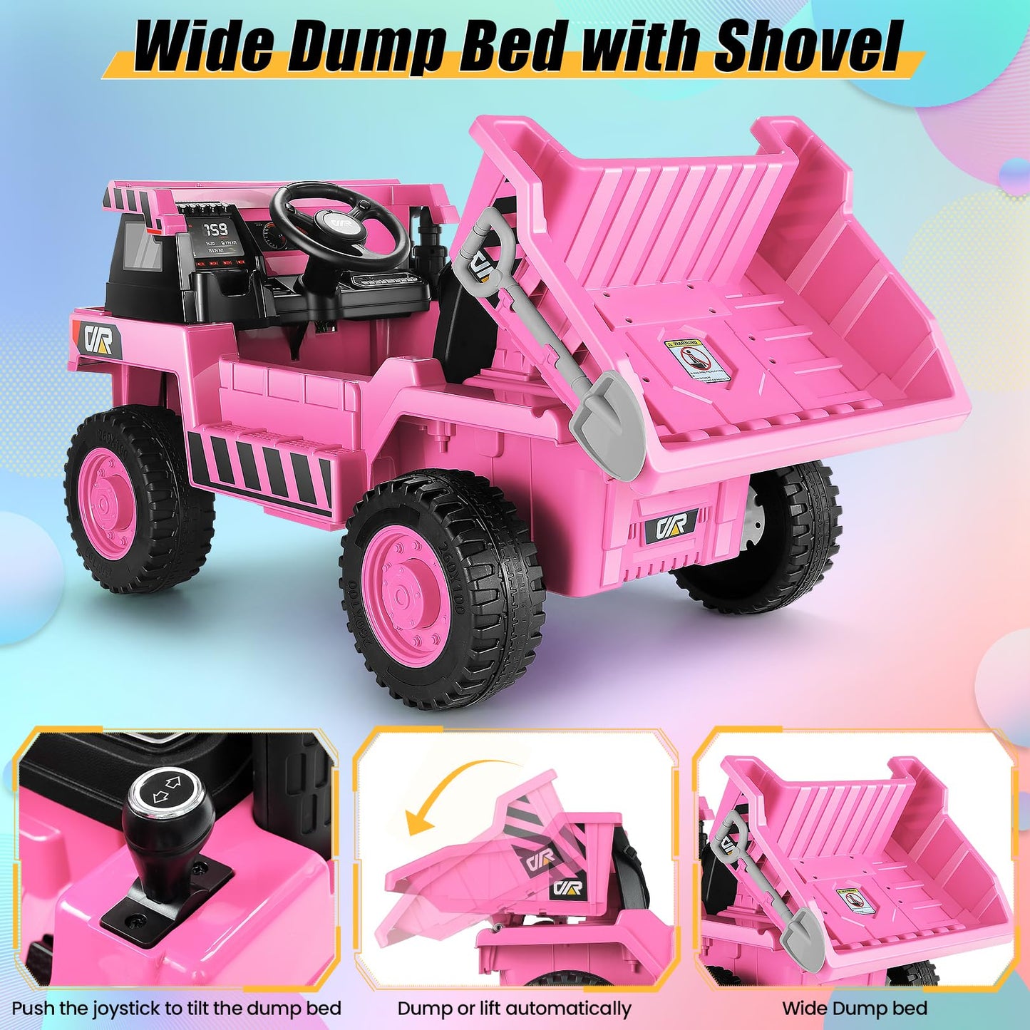 Hikole 12V 4Wd Ride On Dump Truck With Electric Dump Bed, Kids Ride On Cars With Remote Control, Shovel, Led Lights, Music Playe