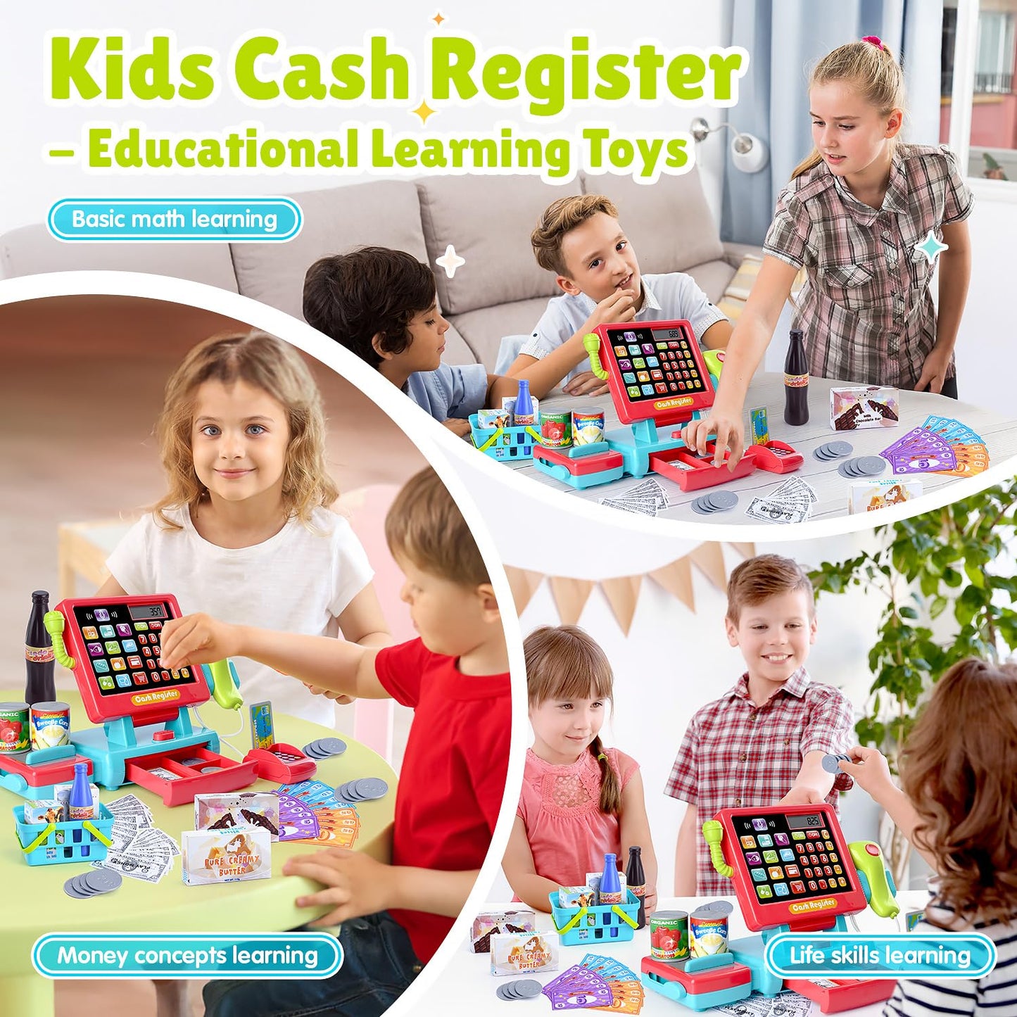 PLAY Kids Cash Register Toy Supermarket with Register Pretend Play Calculator Register Toys with Scanner/Microphone/Credit Card/