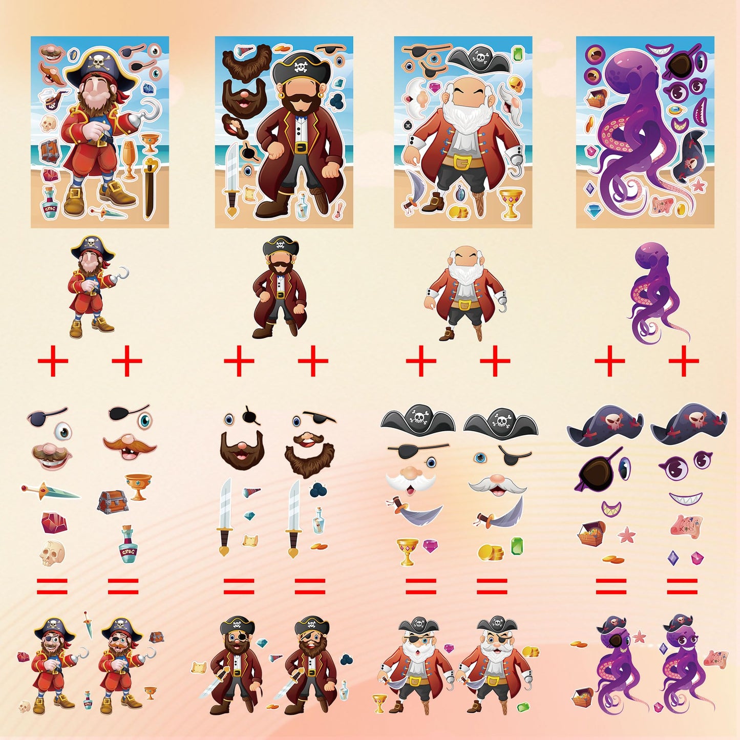 Dorgua Pirate Make-A-Face Stickers, 24 Sheets Diy Crafts For Kids, Party Supplies Gifts, Premium Paper, 8 Designs