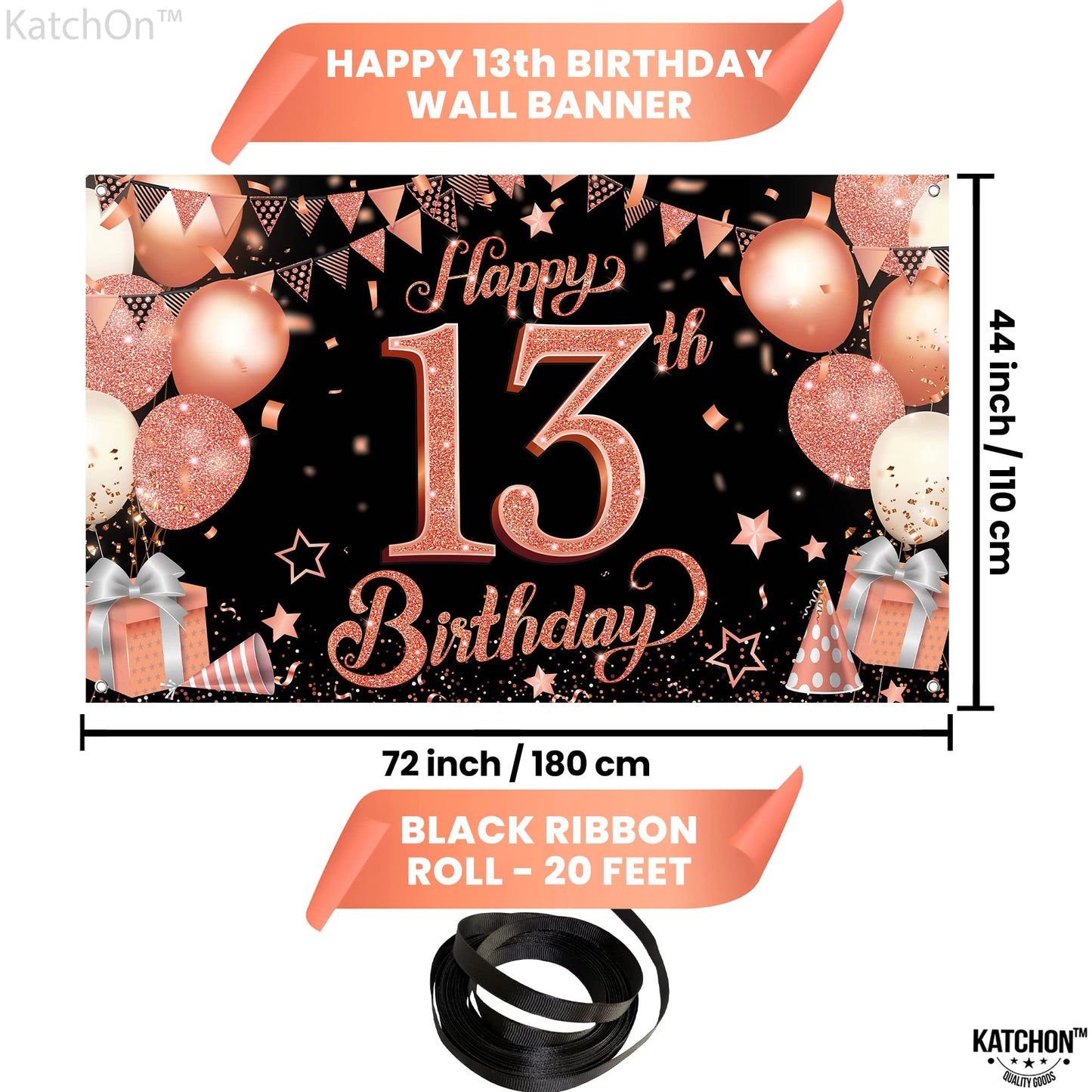 Katchon Rose Gold Happy 13Th Birthday Banner - Xtralarge, 72X44 Inch | Rose Gold And Black Happy 13Th Birthday Decorations For Girls | Official Teenager Banner, 13 Year Old Birthday Supplies