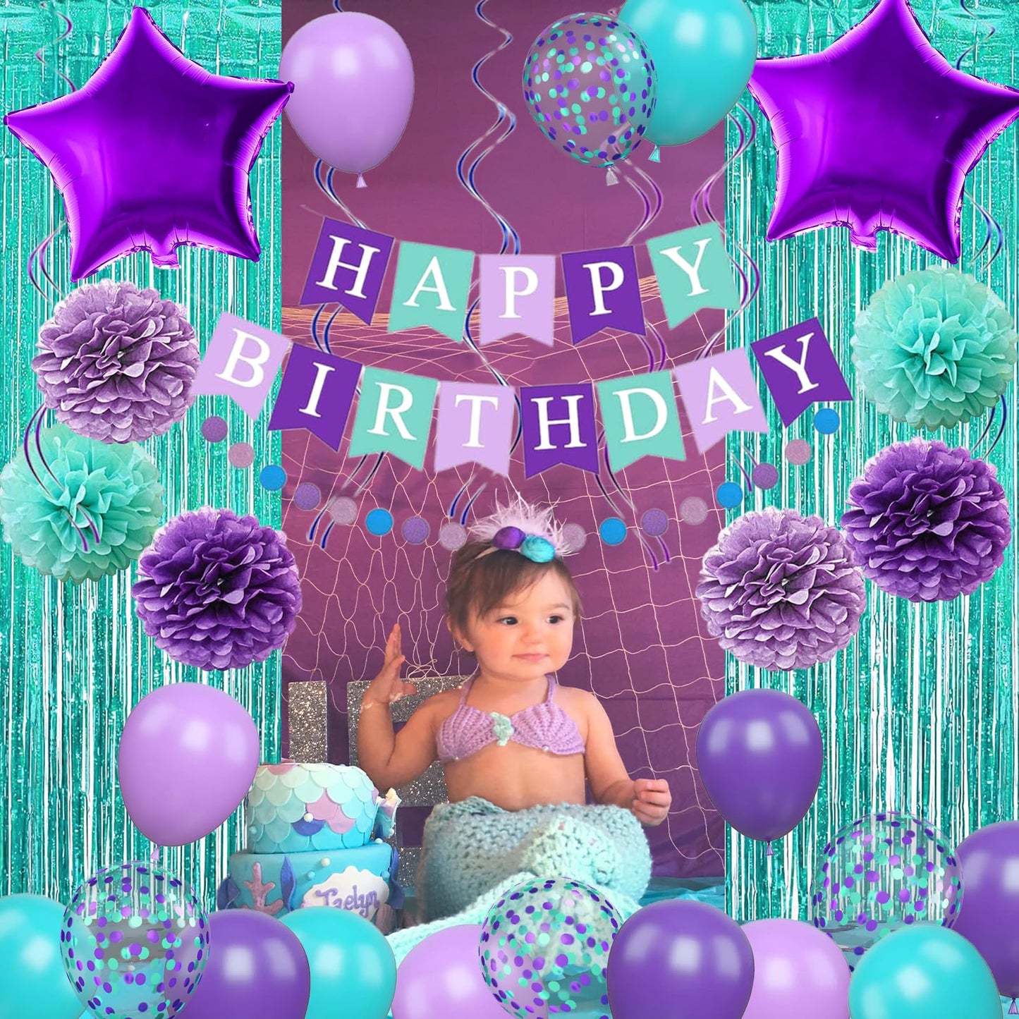 Mermaid Birthday Decorations Purple Teal Blue Party Balloons Happy Birthday Banner Dots Garland Purple Turquoise Green Fringe Cu