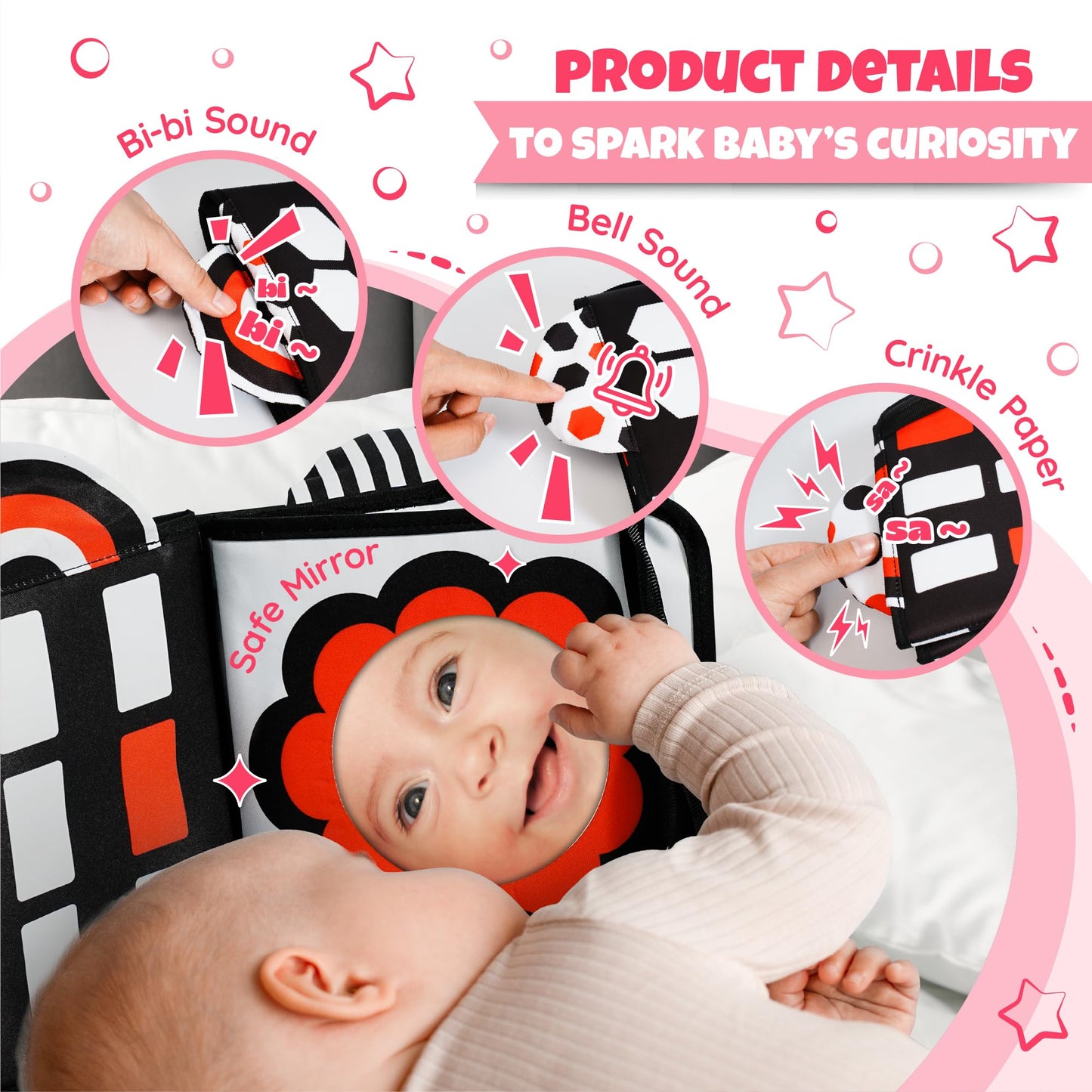 Lalala Baby Black And White Baby Toys - High Contrast Soft Sensory Book With Mirror For Newborn Development, Perfect Tummy Time