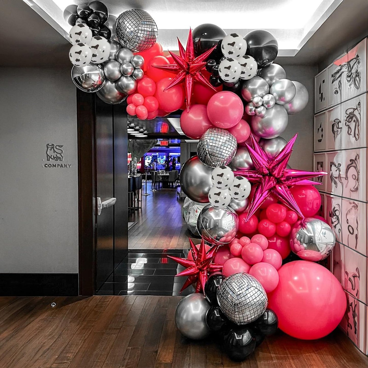 Hot Pink And Black Balloons Arch Kit, 110 Pcs Farm Cow Print Balloon Arch Garland Kit With Metallic Silver Balloons Light Baby P