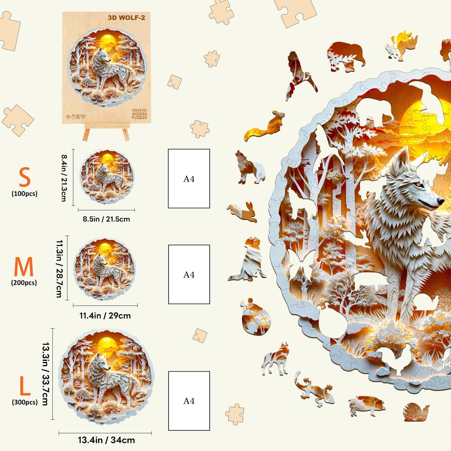 Wooden Puzzles for mature-themeds 300 Pieces Wolf Flat Puzzles with 3D Visual Effect Wood mature-themed Puzzles Birthday Gifts for Women Men (L-13.4 * 13.3in)