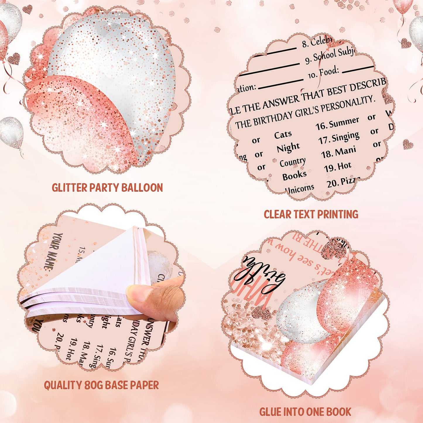 Leinuosen Who Knows The Birthday Girl Best Card, 50 Pcs Birthday Party Game Set Girly Pink Rose Gold Sprinkles Themed Birthday C