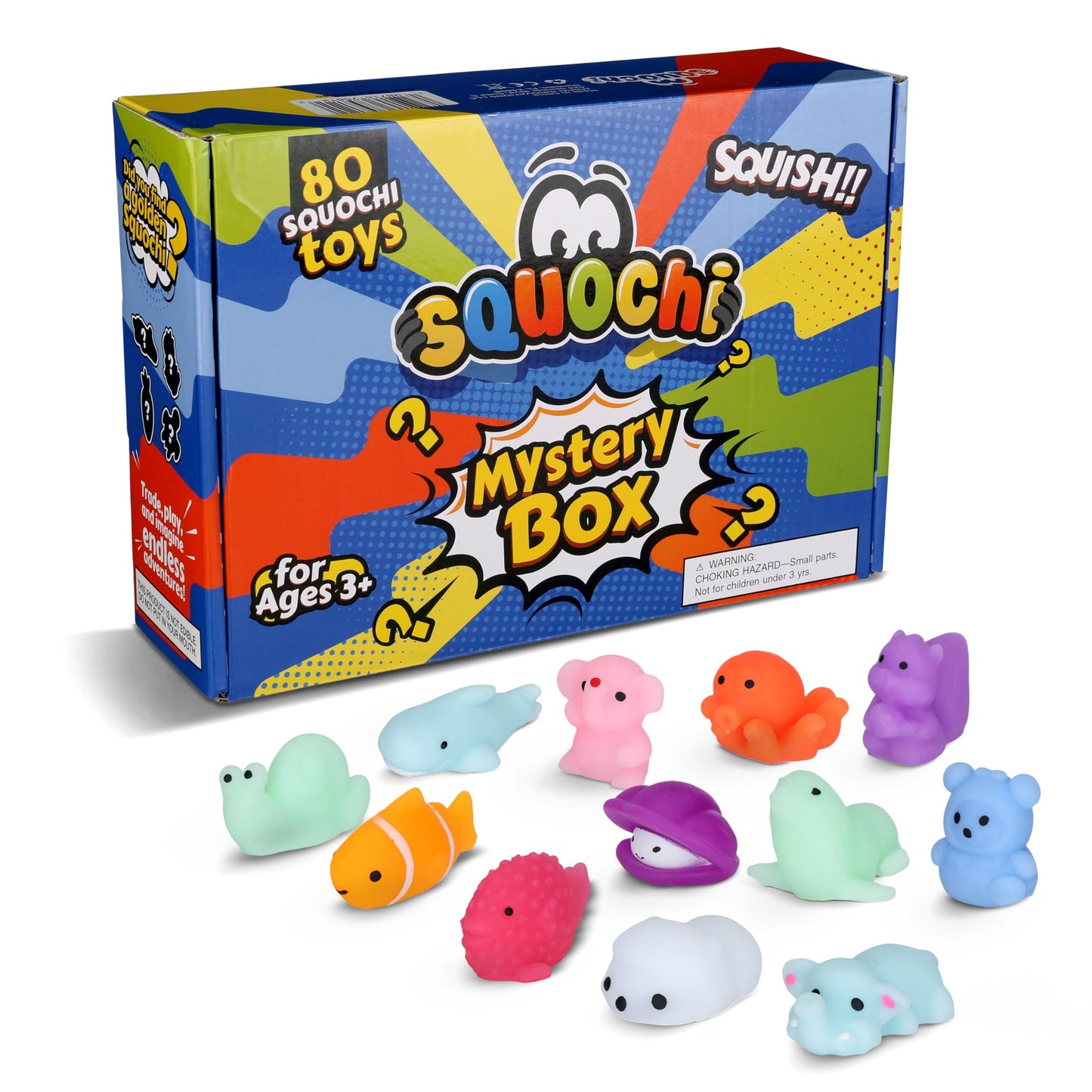 Squochi Mystery Pack Mochi Squishy Toys 80pcs - Bulk Value | Individual Blind Bag Fidget Toys | Interactive Box & Storage Tote |