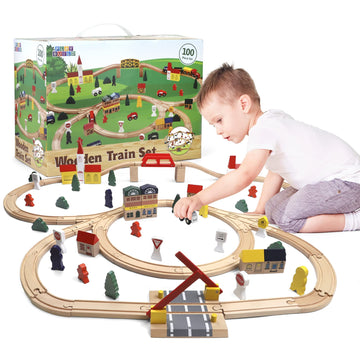 Play Build Wooden Train Set, Complete Toddler Train Set, Interactive Play & Learn Set, Creative Wooden Train Track Design, Premium Quality, Ages 3+ (100 Piece Set)