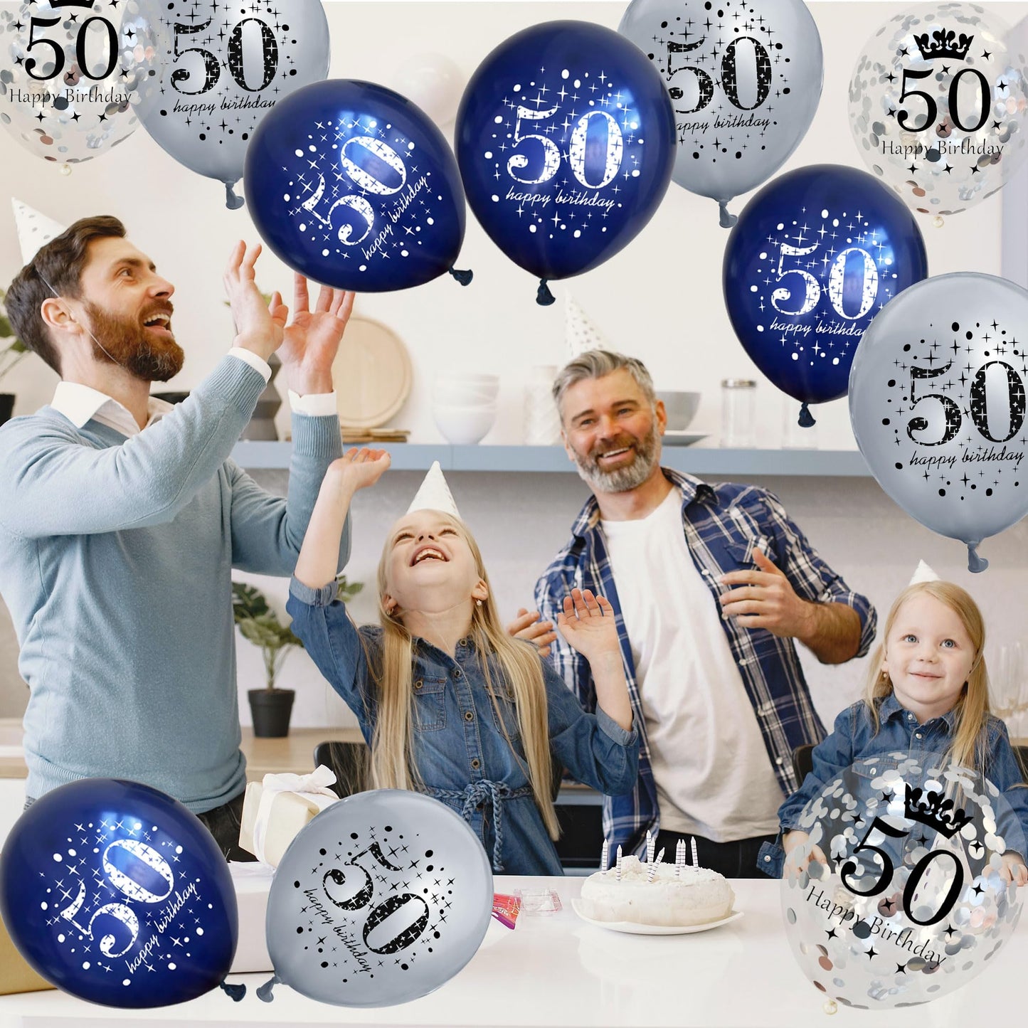 UniBirthLon 18Pcs 50th Birthday Balloons - Navy Blue & Silver Latex Decorations for Men & Women, Happy Birthday Confetti