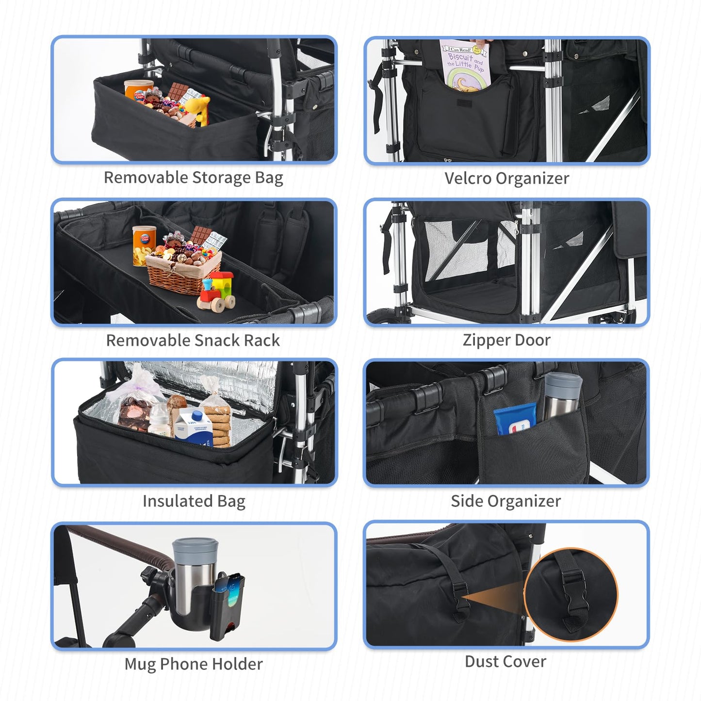 Stroller Wagon For 4 Kids, Wagon Cart Featuring 4 High Seat With 5-Point Harnesses And Adjustable Canopy, Foldable Double Push B