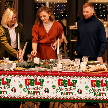 3Pcs Ugly Sweater Tablecloths-Ugly Sweater Party Decorations Christmas Rectangular Plastic Table Covers For Christmas Party Supp