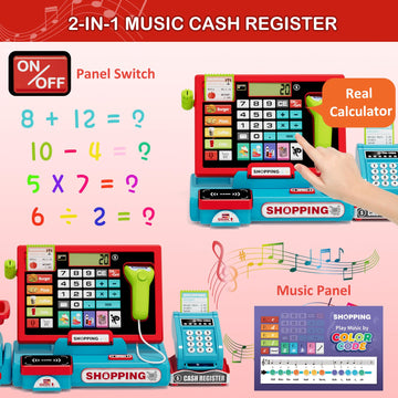 Wee Wonders 63PCS Cash Register for Kids, Kids Cash Register with Real Calculator, Pretend Play Store with Music/Motorized Conve