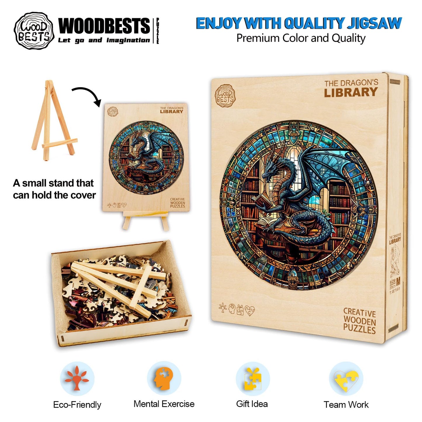 Woodbests Wooden Puzzles For Adults (200 Piece, M, 11.4'X11.4') Dragon'S Library Puzzle Beautiful Wooden Box, Wooden Jigsaw Puzzles Unique Shape, Birthday Gifts For Adults Family Game