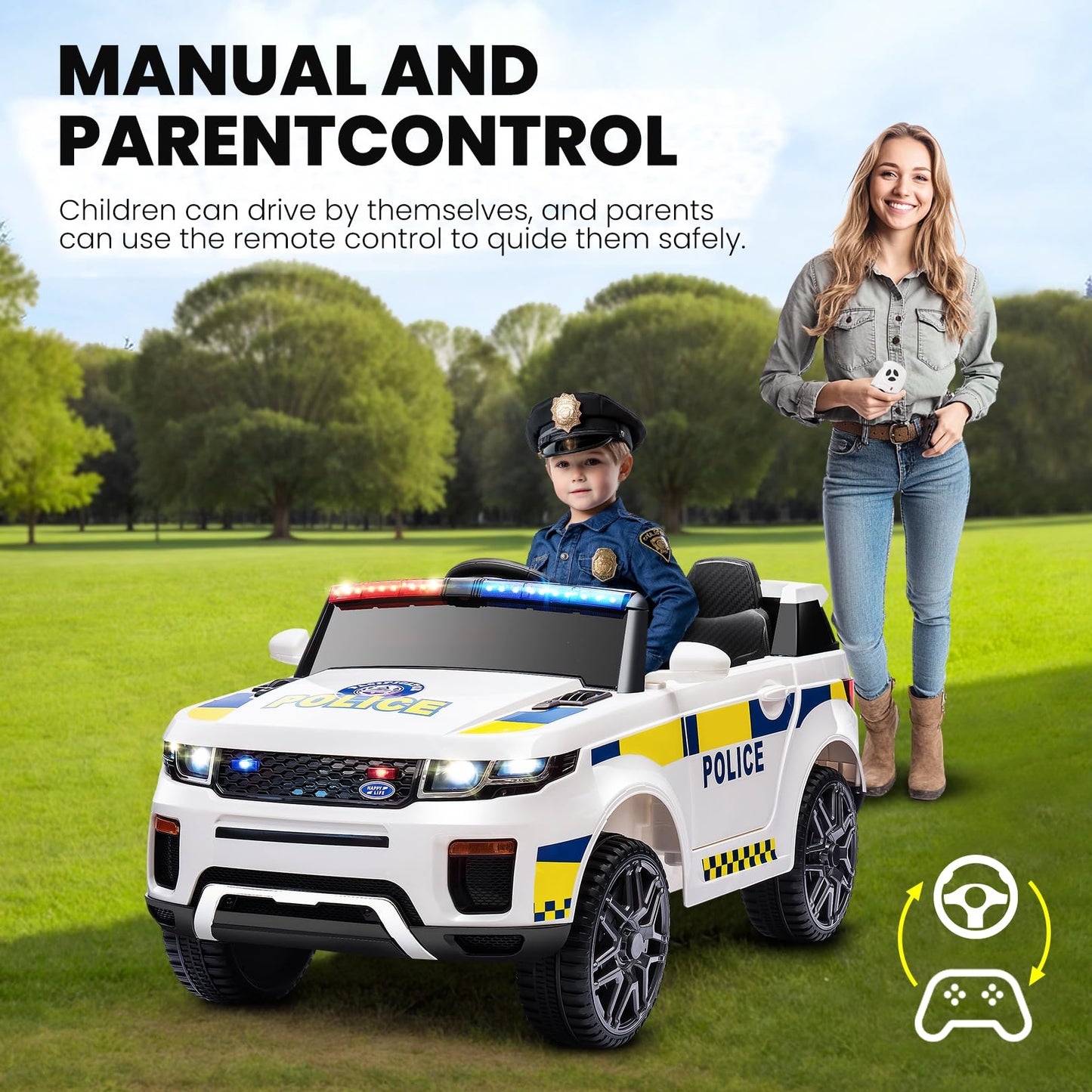 Hikole 12Volt Kids Electric Police Car With Remote Control, Battery Operated Kids Cop Cars, Music, Megaphone, Siren, Flashing Li