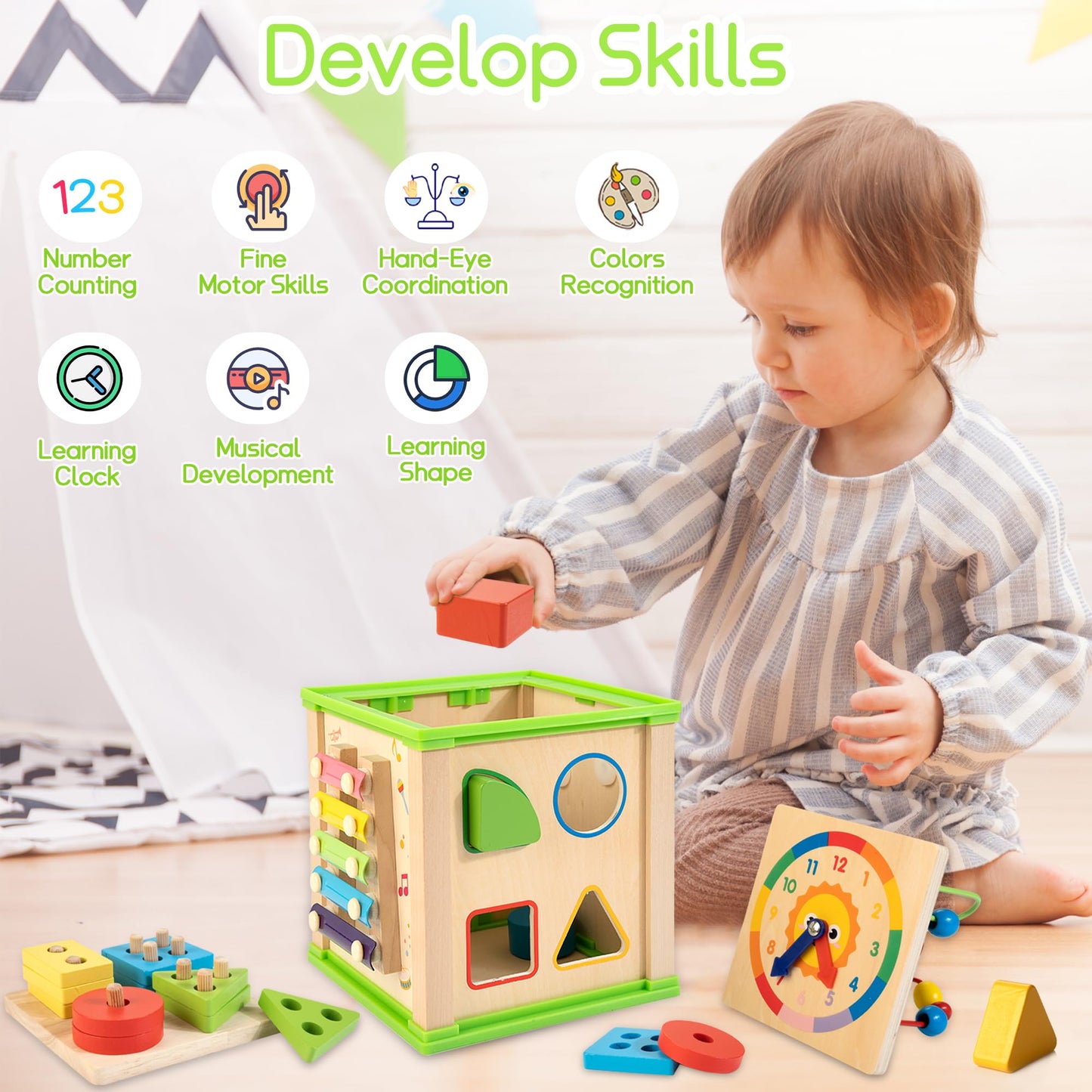 Woodmam Wooden 7-In-1 Activity Cube| Montessori Toys For 1 2 3 Year Old Toddlers| Baby Educational Developmental Toys |One Year Old Boys Girls First Birthday Gifts |Bonus Sorting & Stacking Board