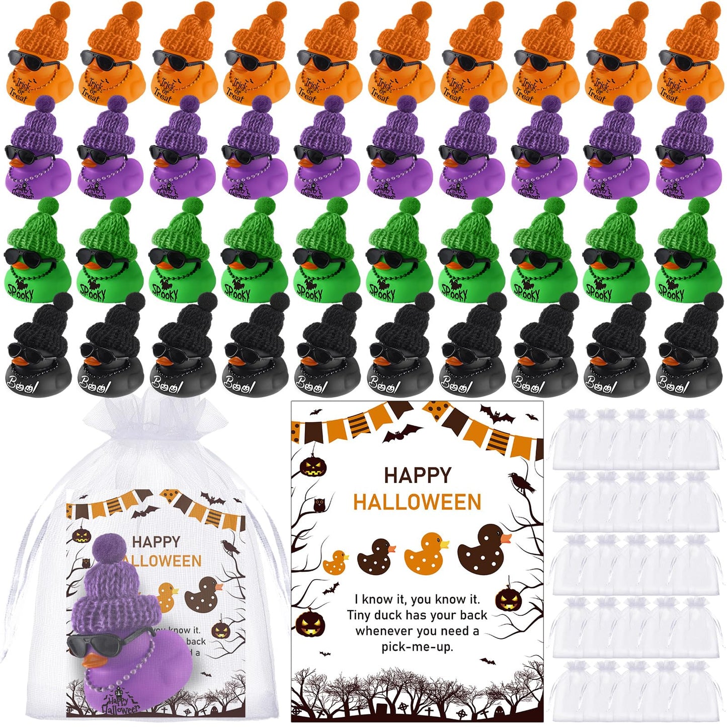 50 Pcs Halloween Rubber Duck for Bath Pool 2 Inch Boo Spooky Orange Purple Trick or Treat Sunglass Bath Duck 50 Card 50 Organza
