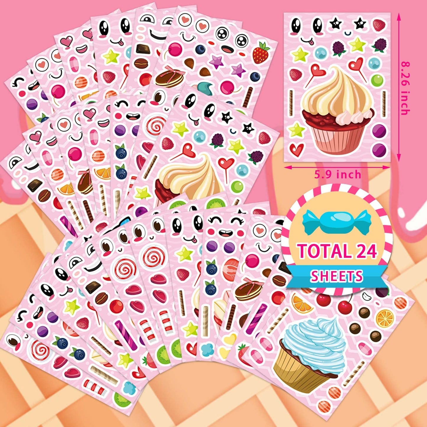 24 Sheets Make-A-Face Cupcake Stickers Make Your Own Dessert Stickers Mix And Match Sweets And Fruit Treats Party Favor Supplies