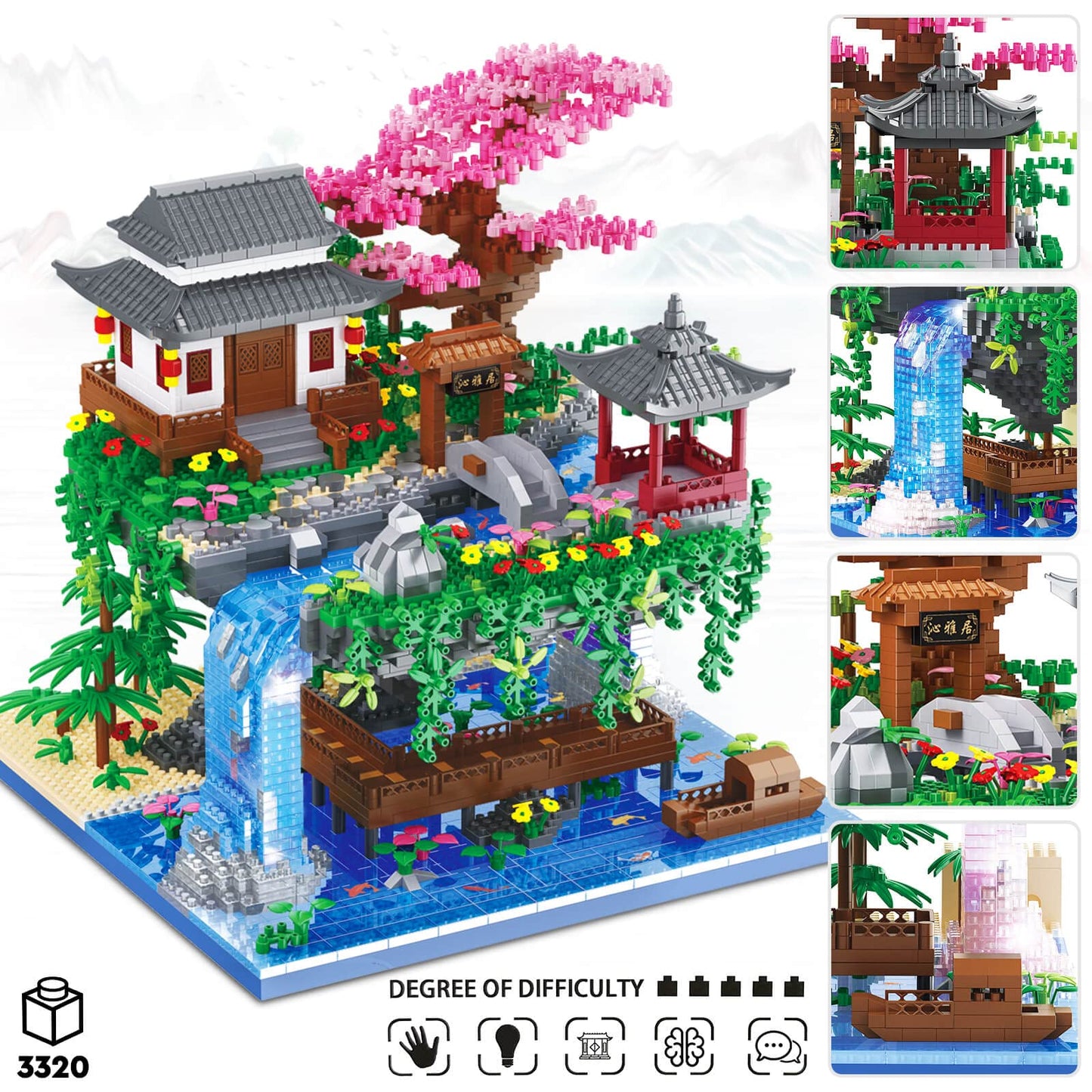 Vziimo Cherry Blossom Bonsai Tree Building Set, Architecture Of Peach Blossom Pond Building Set, Collectible Models Gifts For Teens Adults 14+ (3320 Pcs)