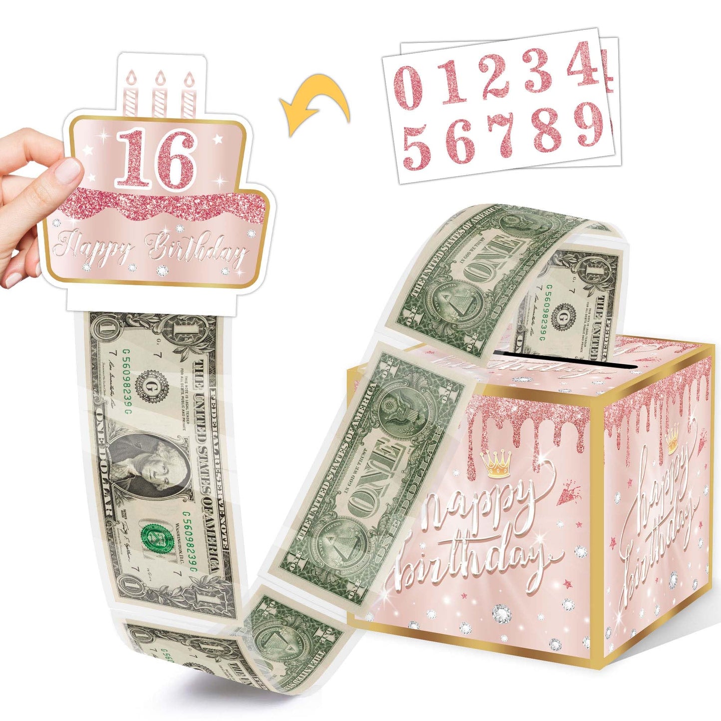 Birthday Surprise Box - Money Holder For Cash Gifts With Diy Stickers - Gold Pink