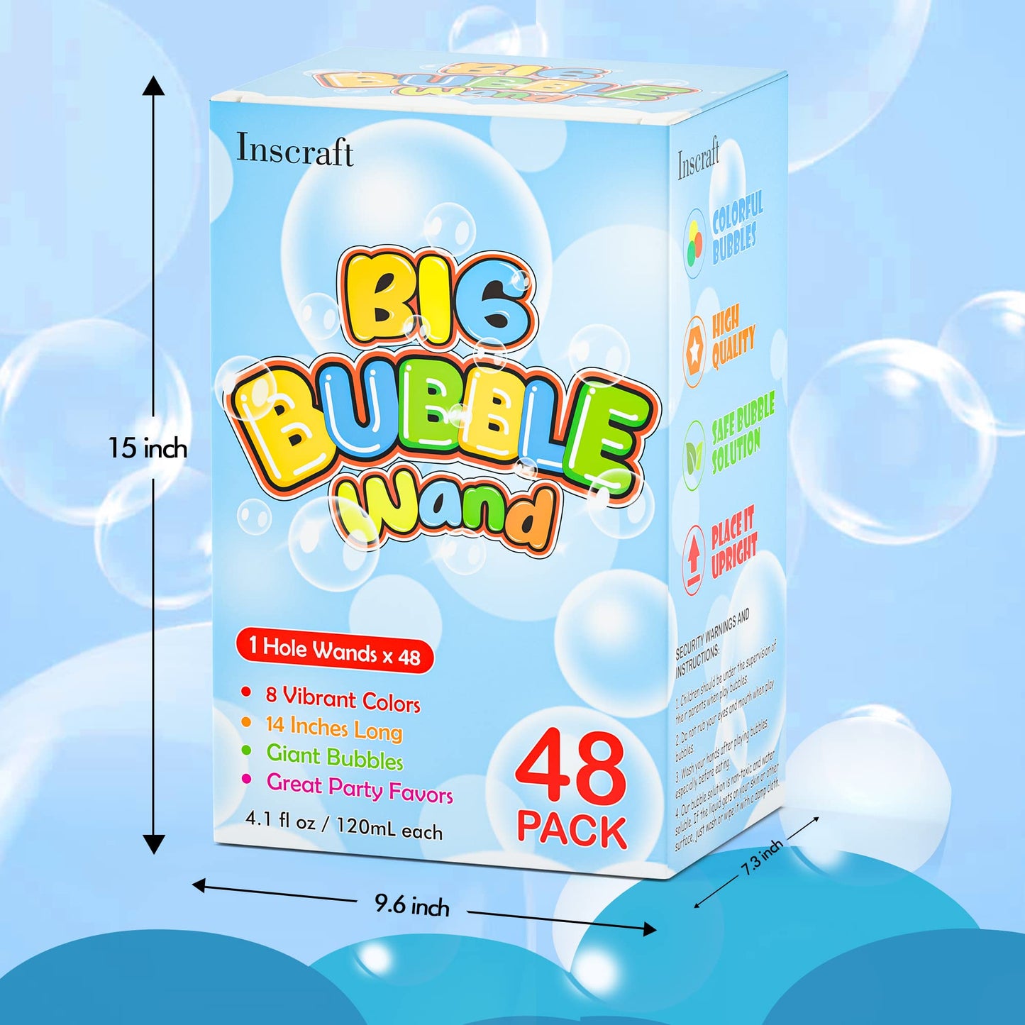 Inscraft 48 Pack 14 Big Bubble Wands, 8 Colors Bulk For Summer Toy, Outdoor/Indoor Activity Use, Easter, Birthday, Graduation, S