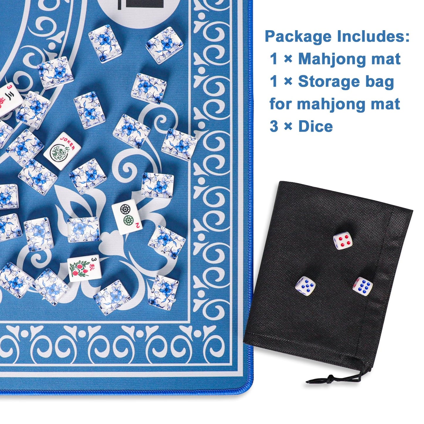 GUSTARIA Mahjong Mat - 31.5"x31.5" Blue Rubber Anti-Slip with 3 Dice & Carrying Bag for Board Games