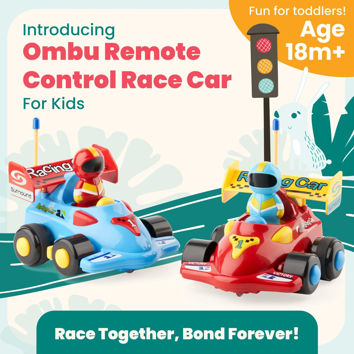 OMBU 2pk Remote Control Car for Kids - Toddler Toys 3-4, Remote Control Car for Toddlers 1-3 with Music and LED Lights, Toddler