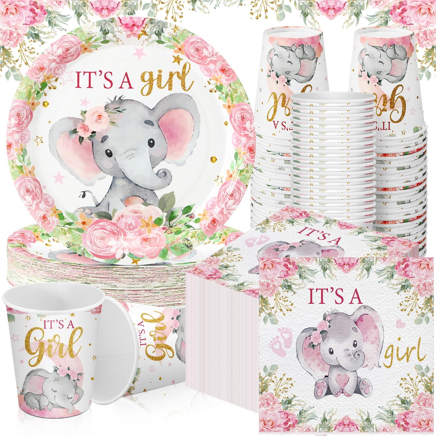 Hushee 200 Pcs Pink Elephant Baby Shower Paper Plates Napkins Cups It'S A Girl Baby Shower Party Supplies Tableware Set Pink Dis