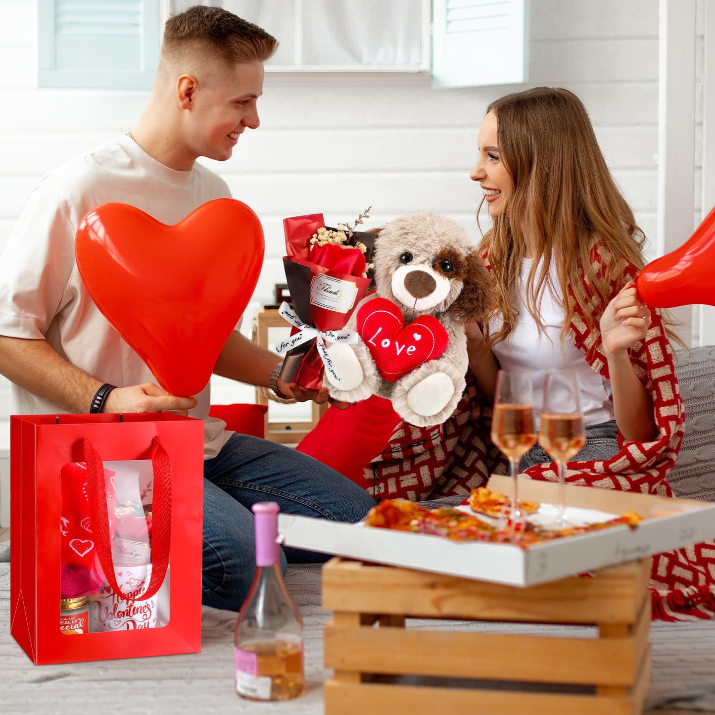 Syhood 8 Pcs Valentine Bear Dog Plush Stuffed Animals Gift Set Love Dog Stuffed Animal Roses Bouquet Coffee Mug Heart Crew Socks