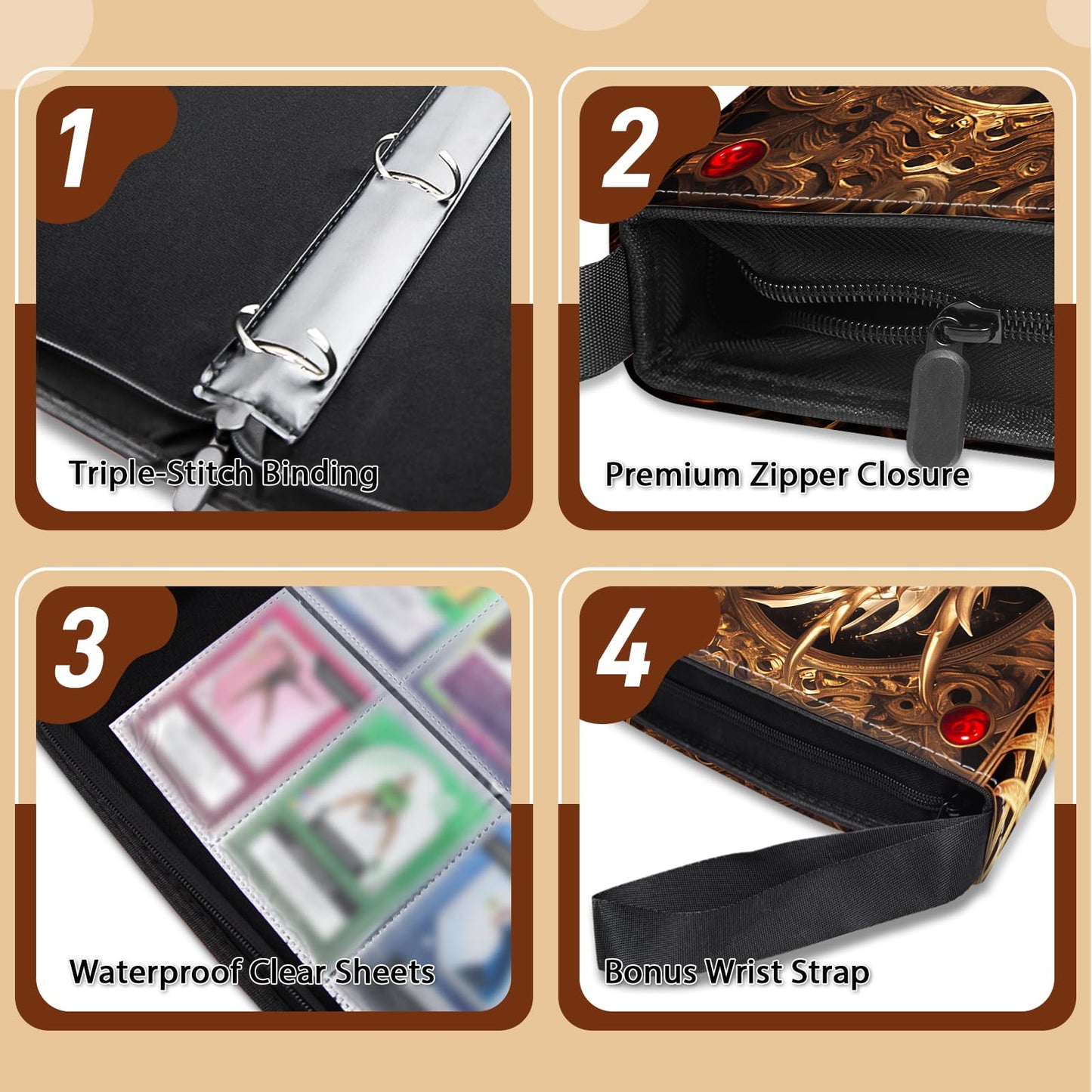 Wazzio Trading Card Storage Album with 50 Durable 9-Pocket Pages Birthday Gifts for Fathers Day 900 Pocket Card Binder Gifts for Collector's Album Golden Dragon Design on Pocket Card Packs