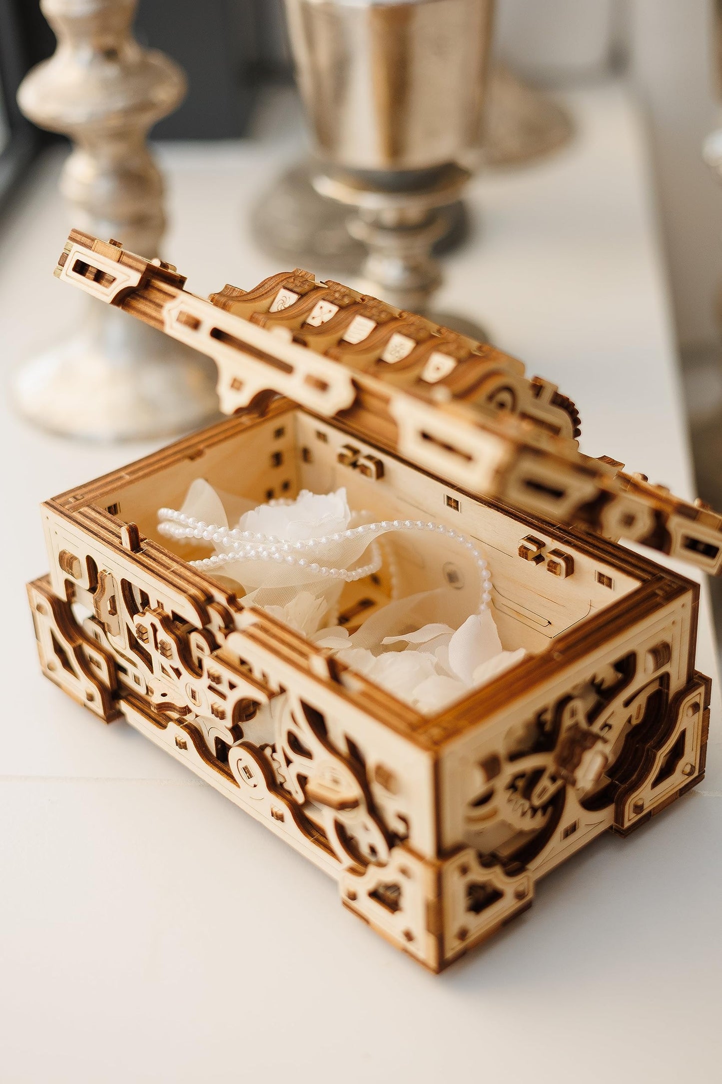 Wood Trick Enigma Chest Lock Puzzle Box - Brown Wooden 3D Mechanical Model Kit for Adults & Kids - DIY Engineering Project