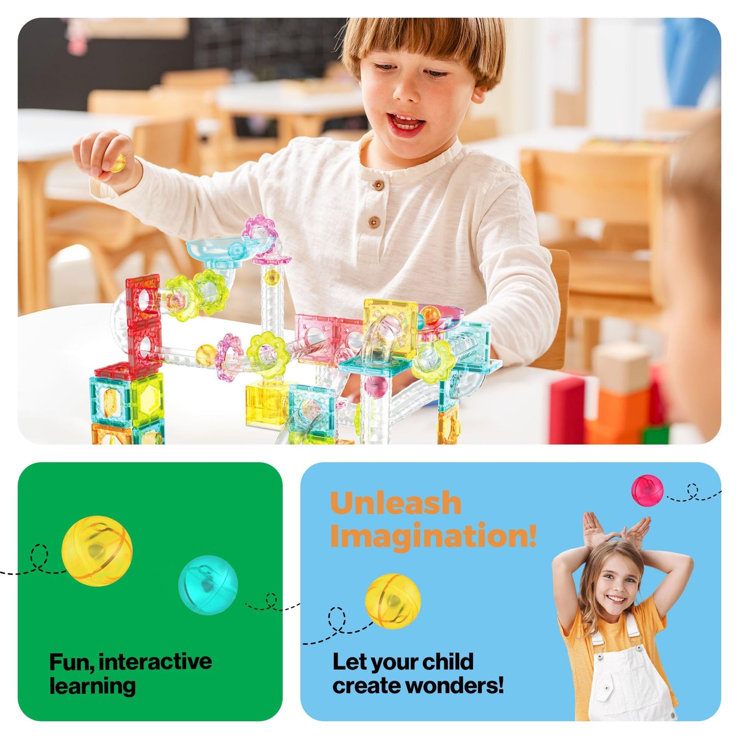 Picassotiles 100 Piece Magnetic Marble Run Travel Size Sensory Toddlers Construction Toy Set Mini Diamond Magnet Tiles Marbles F