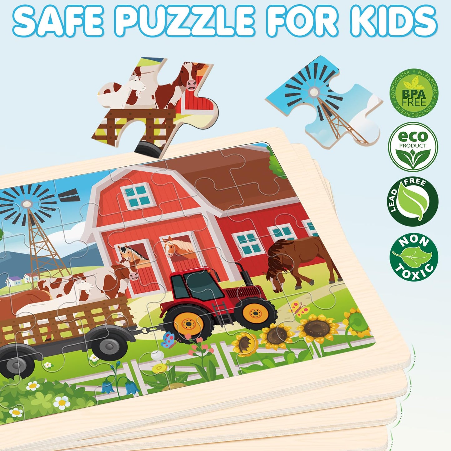 4-In-1 Farm Wooden Puzzles For Kids Ages 4-6, 24 Pcs Wooden Jigsaw Puzzles For Toddlers Ages 2-4, Preschool Educational Puzzles