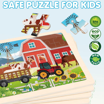 Wooden Farm Puzzles For Kids Age 3 4 5 Year Old, 4 Pack 24 Pcs Montessori Toddler Jigsaw Puzzles For Girl Boy Activities Prescho