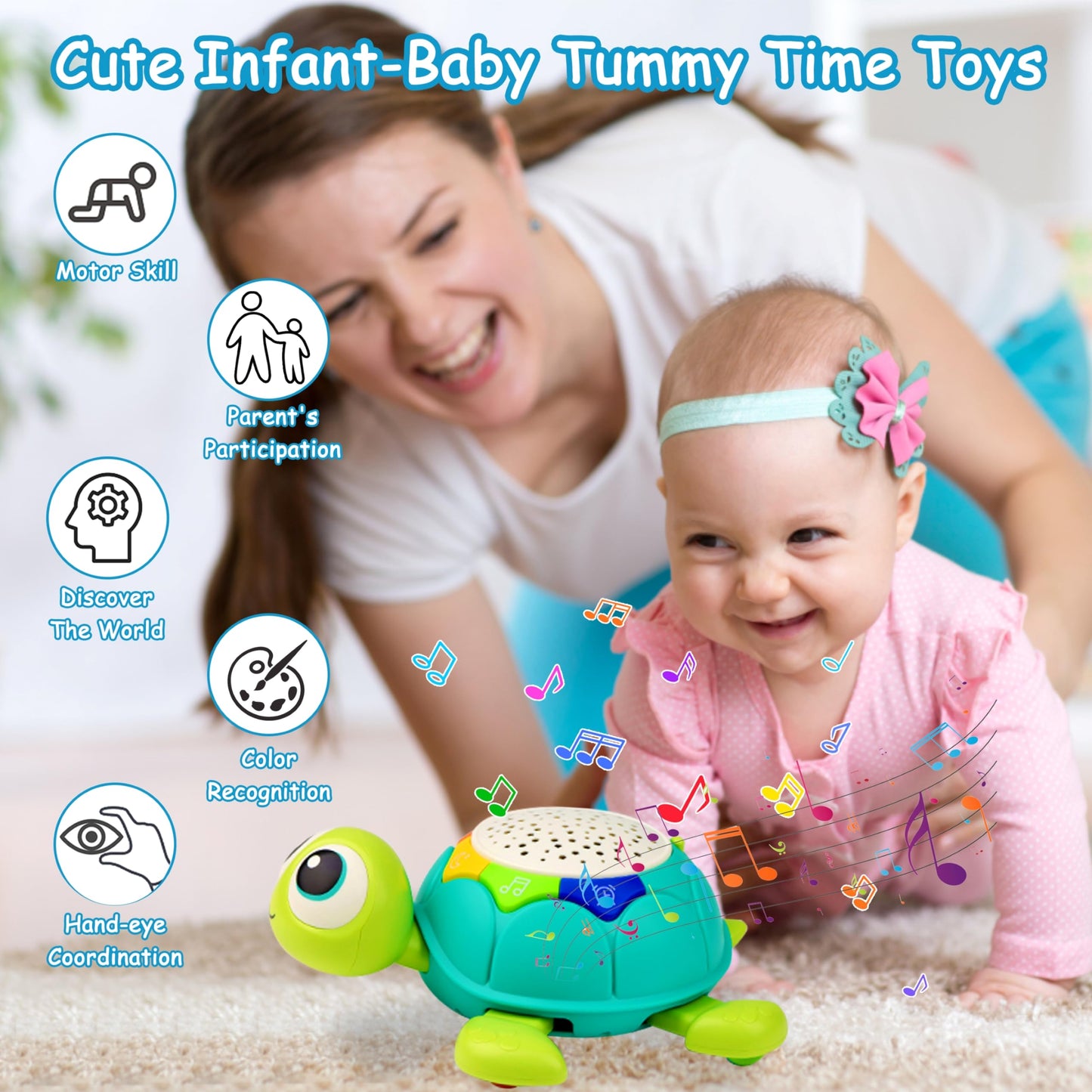 Baby Toys 6-12 Months, 5 In 1 Musical Projector Turtle Crawling Toys Tummy Time Infant Baby Toys 0-3 3-6 7 8 9 12-18 Months 1 Ye