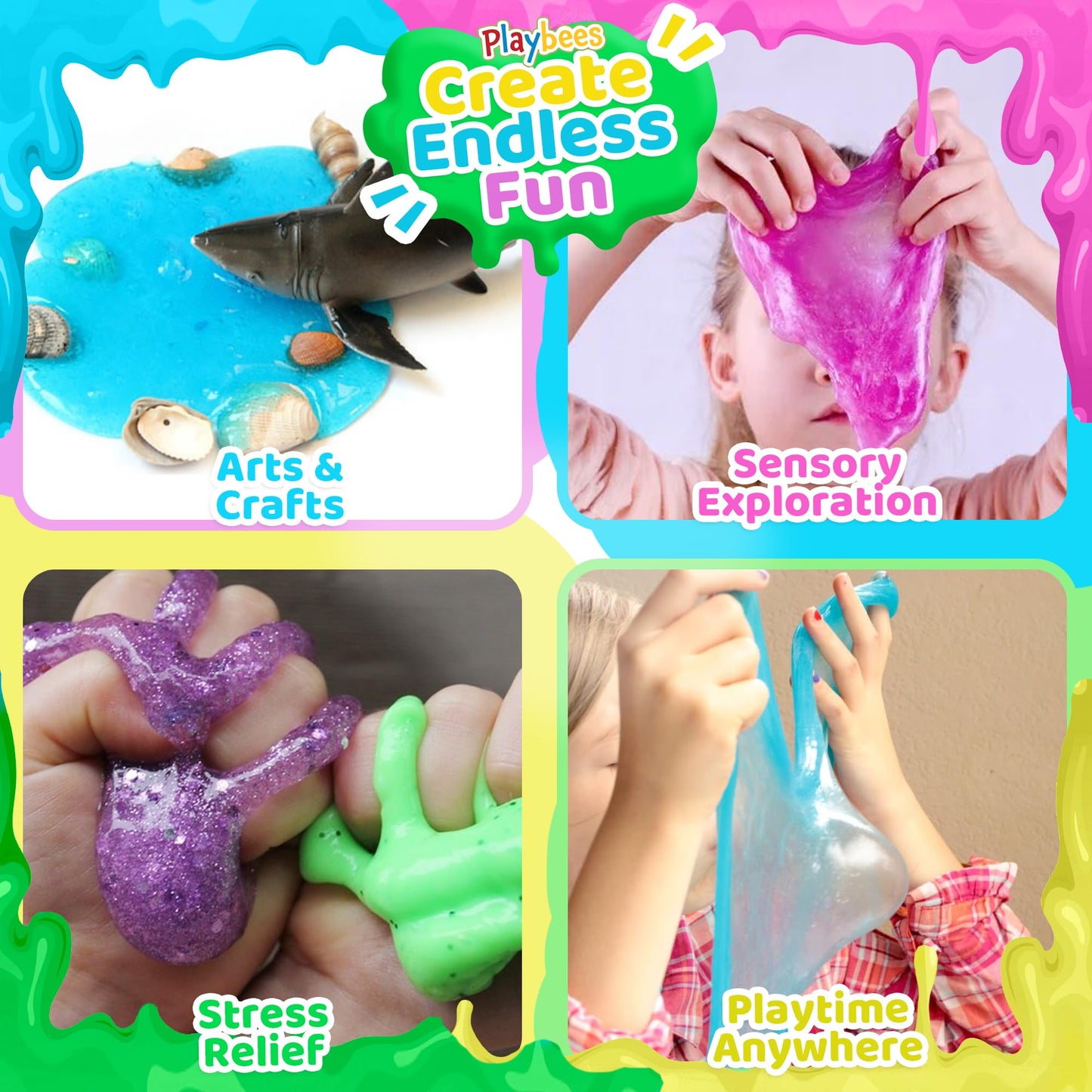 Playbees Glow In The Dark Slime - 24 Pack - Neon Blue, Green, Pink, Yellow Colors - Glowing Slime Kit For Kids - Party Favors, G