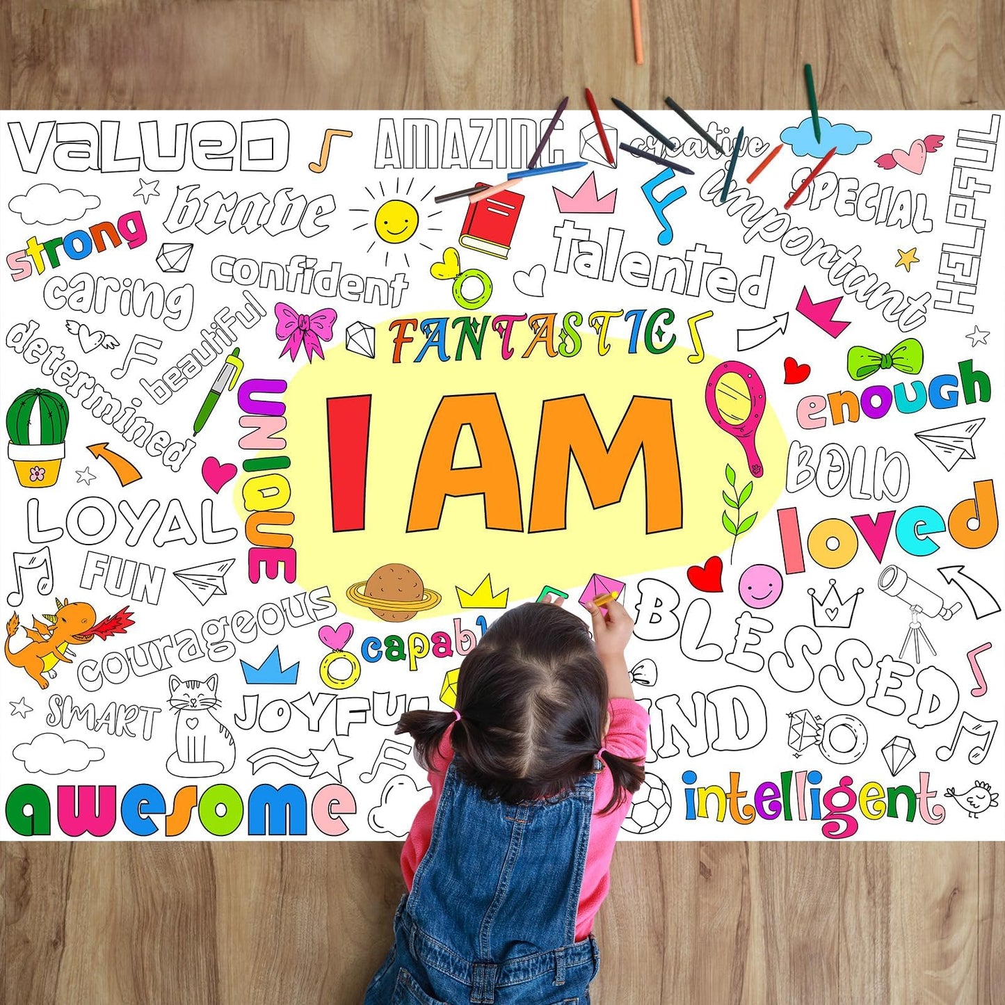 Naozinebi Positive Affirmations Coloring Poster For Kids Giant Coloring Poster Large Positive Coloring Tablecloth Jumbo Coloring