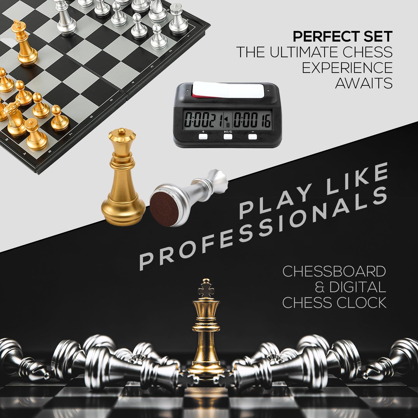 BETTERLINE Magnetic Chess Board Game & Digital Timer Set - 14" x 14", Black, Portable, Model NY6153