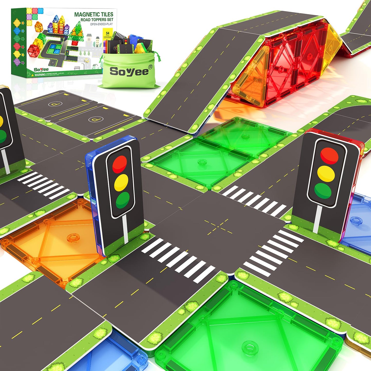 56Pcs Magnetic Tiles Road Toppers Set Kids Toys For 3 Year Old Boys And Girls Playing With Car Toys Preschool Learning Activitie