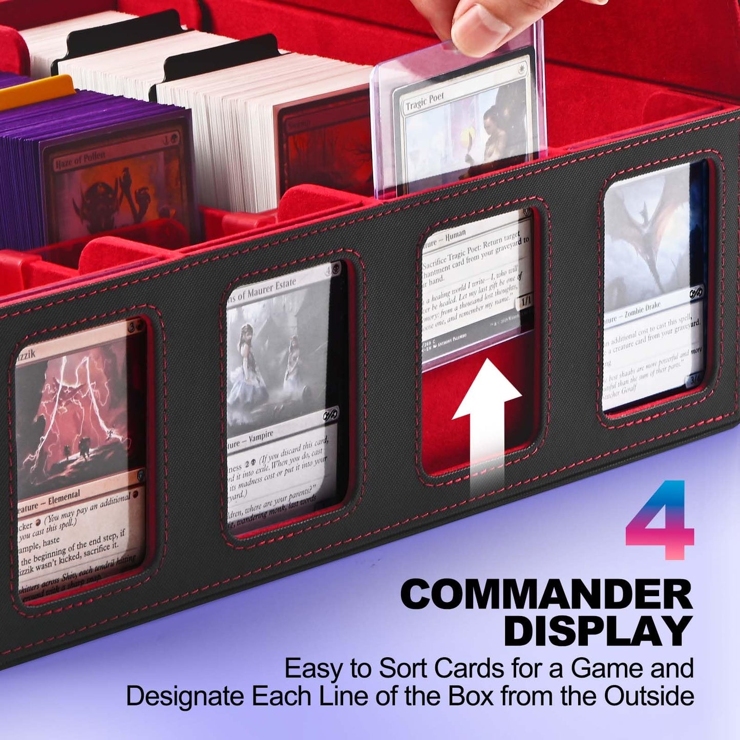 Uaono Trading Card Storage Box With Commander Display; 2400+ Deck Box For Mtg With Removable Cover; Toploader Card Case Fits Magic Tcg Ptcg Sports Cards; 24 Dividers, 4 Stoppers (Black, Red)