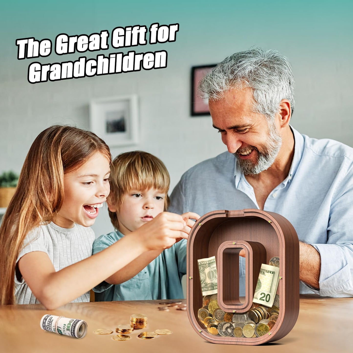 Summidate Wooden Letter Piggy Bank Extra Thick Large Capacity Piggy Bank for Kids Boys Girls Toddler Alphabet O Money Bank| Coin Box Birthday Christmas Festival