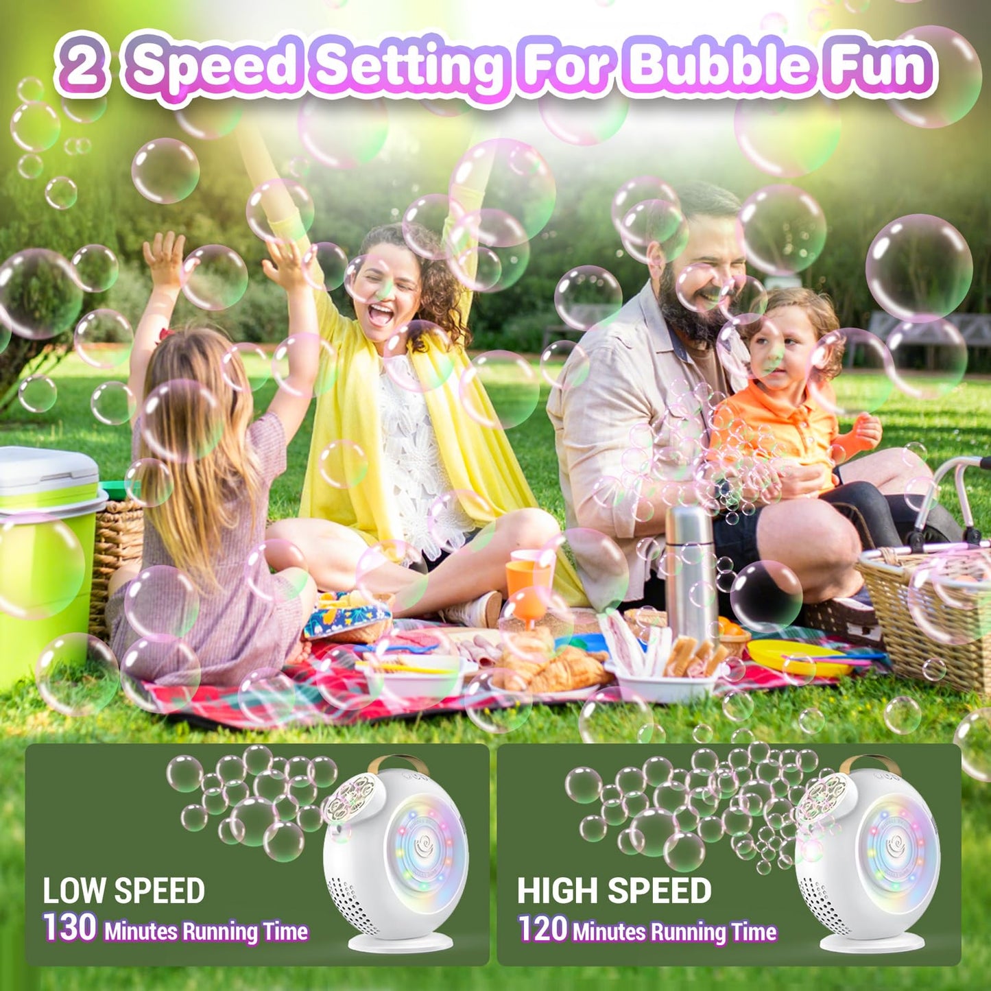 Bubble Machine, Automatic Bubble Maker Rechargeable, 15000+ Big Bubbles per Min, Colorful LED Lights, 90 360 Rotatable Portable